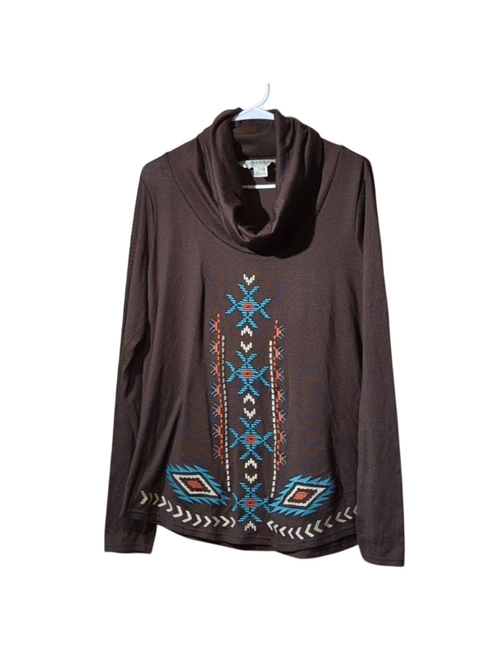 Roper Brown Cowl Neck Aztec Southwest Embroidered Long Sleeve Top Women's Size L